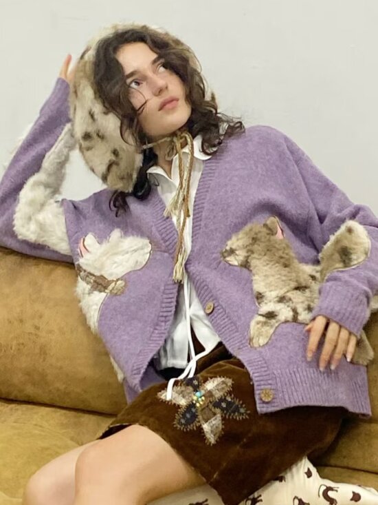 Handmade Sweaters - NWT Cute Fur Cat Cardigan Oversized Lavender Sweater Wool Blend Cardigan